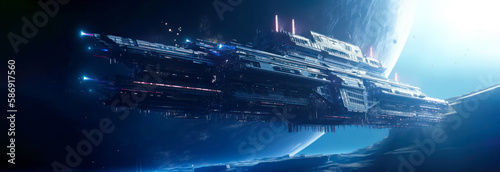 Space ship or large space colony  A massive space ship or colony above a planetary terrain. Planet in background. Generative AI.