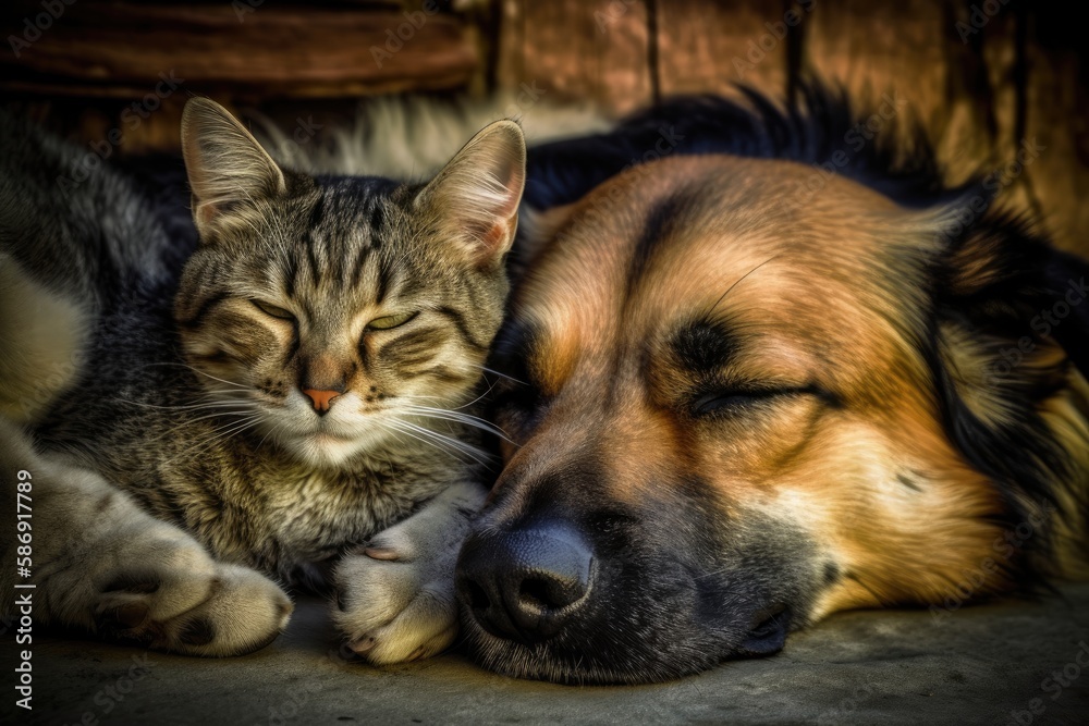 Two unlikely companions, a dog and a cat, sleeping peacefully together, a heartwarming reminder that love and friendship can transcend differences and bring joy to our lives. Generative AI