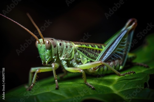 grasshopper insect on a clean background of a green leaf. Generative AI