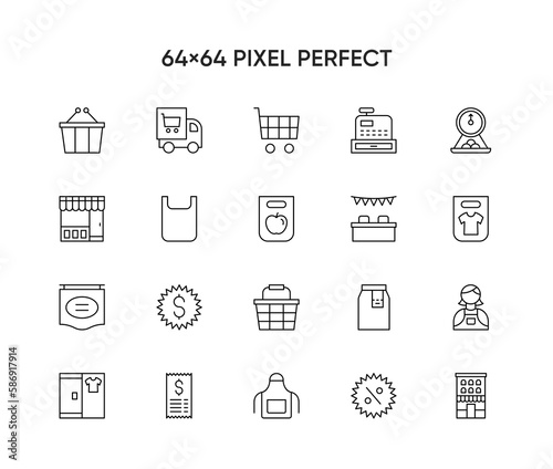Retail shopping icons set, thin line, black color