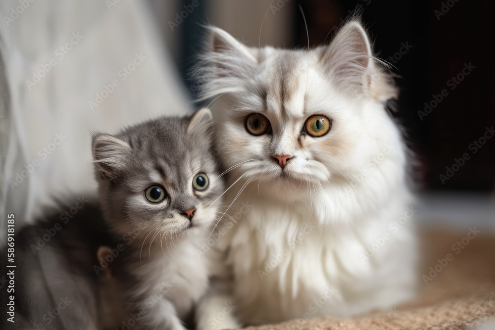 A portrait of two young kittens beside their mother. Generative AI A portrait of two young kittens beside their mother. Generative AI