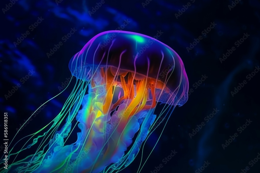 Neon jellyfish dark water. Summer light. Generate Ai Neon jellyfish dark water. Summer light. Generate Ai