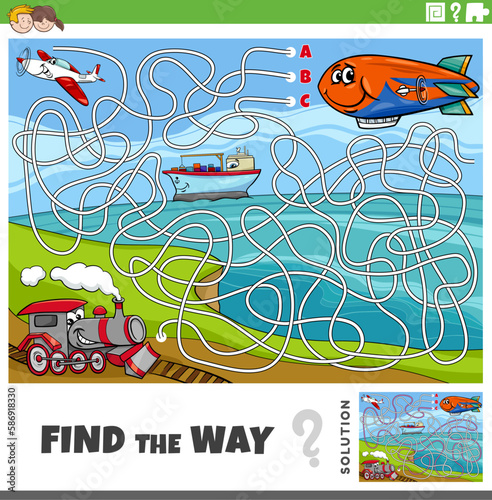 find the way maze game with cartoon vehicle characters