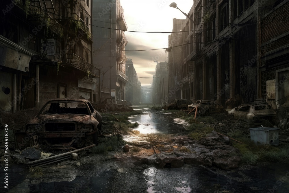 Post apocalyptic street. City destruction. Generate Ai
