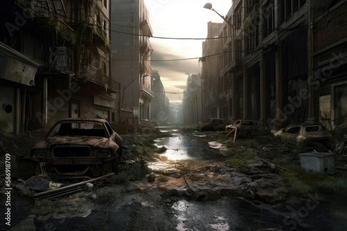 Post apocalyptic street. City destruction. Generate Ai