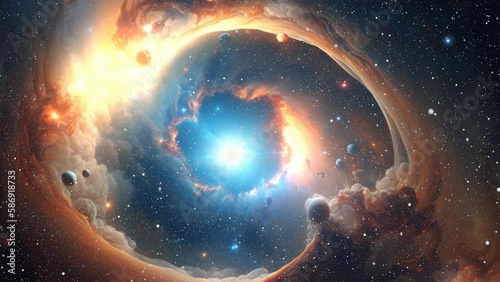 Beautiful travel in deep space among stars and nebulas in 4K
