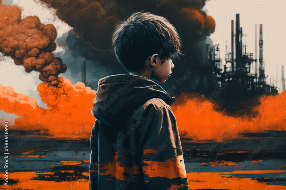 Painting of a boy watching the black smoke of a petrochemical refinery at sunrise. Generative AI.