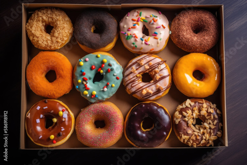 Glazed donuts in a box, top down view