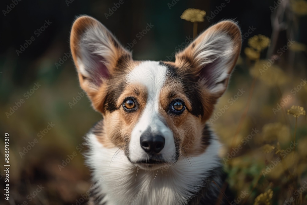 Closeup of a Welsh corgi cardigan picture. a cheerful corgi cardigan puppy. Dog standing in a park in the summer or the fall. Generative AI