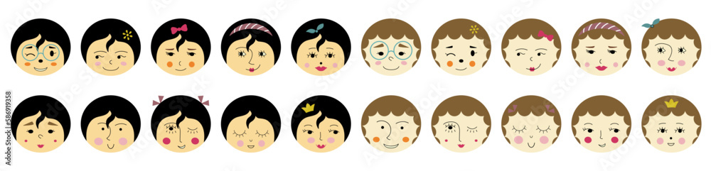 Feminine look, abstract personage, mascot design, funny face, cute icon. Feminine look, abstract personage, mascot design, funny face, cute icon.