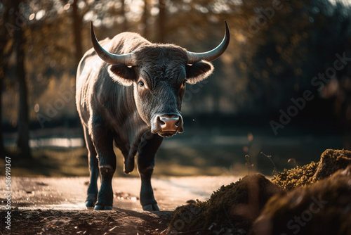 A bull on a road in the forest