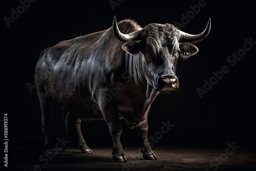 A bull is standing in front of a black background