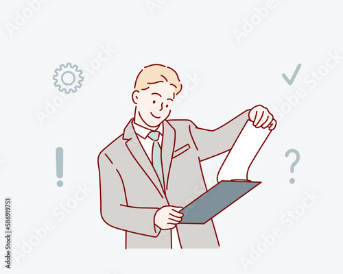 adult company director, checking the company finances. Hand drawn style vector design illustrations.