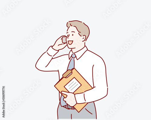 Businessman talking on mobile phone. Young man calling or contacting customers. Hand drawn style vector design illustrations.
