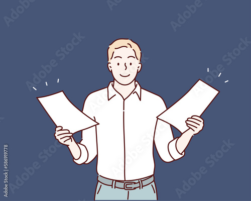 man holding two papers one in every hand. Hand drawn style vector design illustrations.
