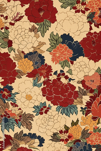 Antique flower, antique Japanese art, flat design, vintage Chinoiserie traditional Details, vintage toned down colors, Chinoiserie flat design