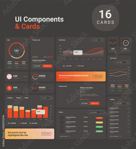 Dashboard Dark UI KIT components and cards in vector format