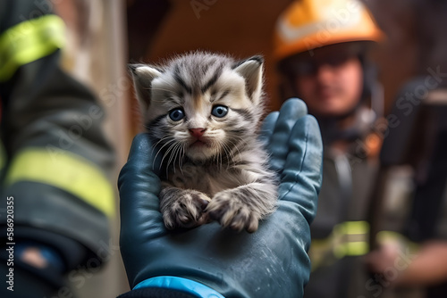 the firefighter is holding on hand a little kitten , he took him out of the fire. Generative AI © Iryna