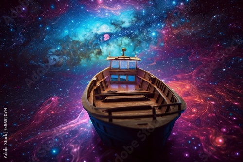 Wood boat in galaxy. Space fantasy ship. Generate Ai