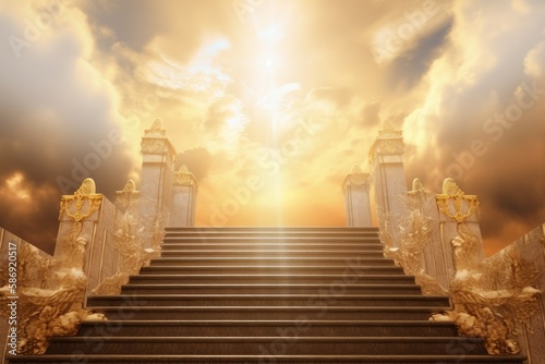 Stairway heaven paradise. Spiritual sunlight. Generate Ai photo