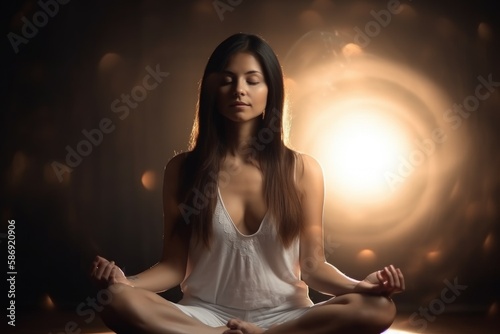 Woman meditation sitting in light. Relax girl. Fictional person. Generate Ai