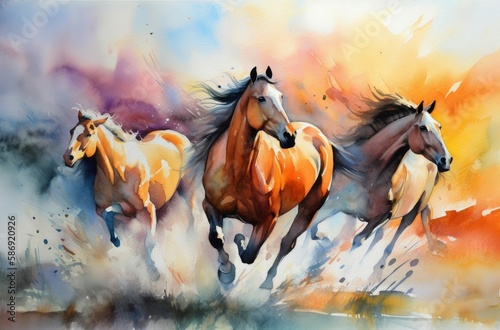 Watercolor horses run. Color paint. Generate Ai