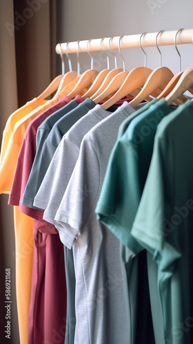 An assortment of short - sleeved t - shirts in different colors hang on a hanger forth and back. AI generated
