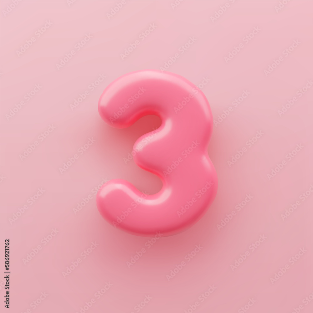 3D Pink number 3 with a glossy surface on a pink background. 3D Pink number 3 with a glossy surface on a pink background.