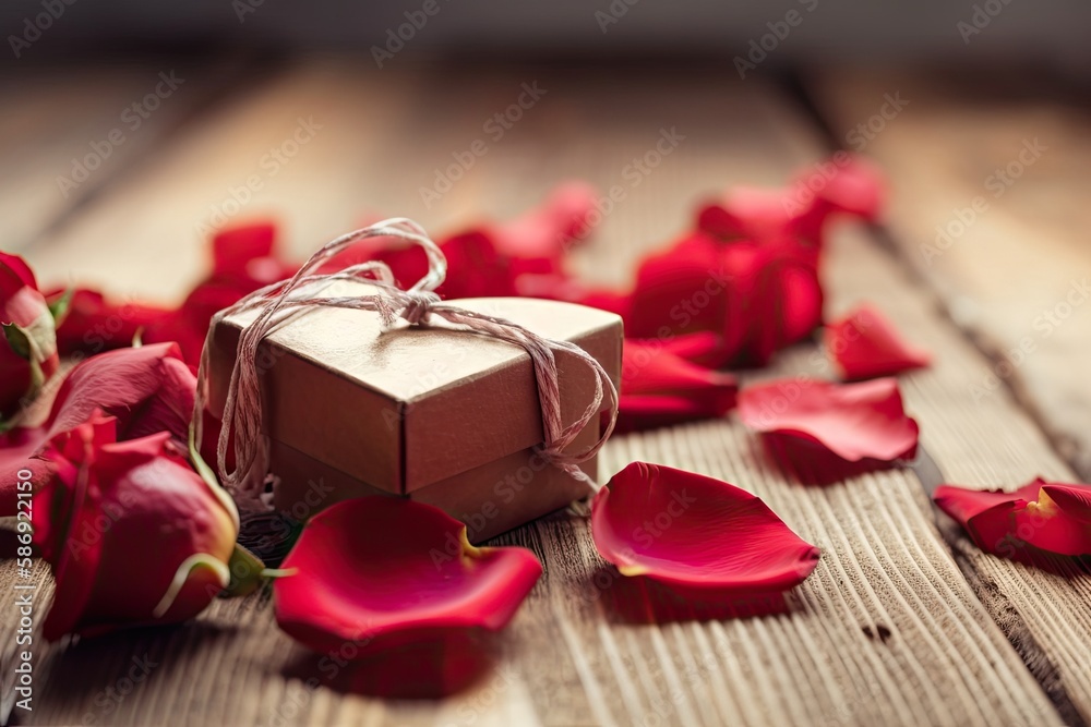 gift box with a bow and rose petals on a wooden table. Generative AI