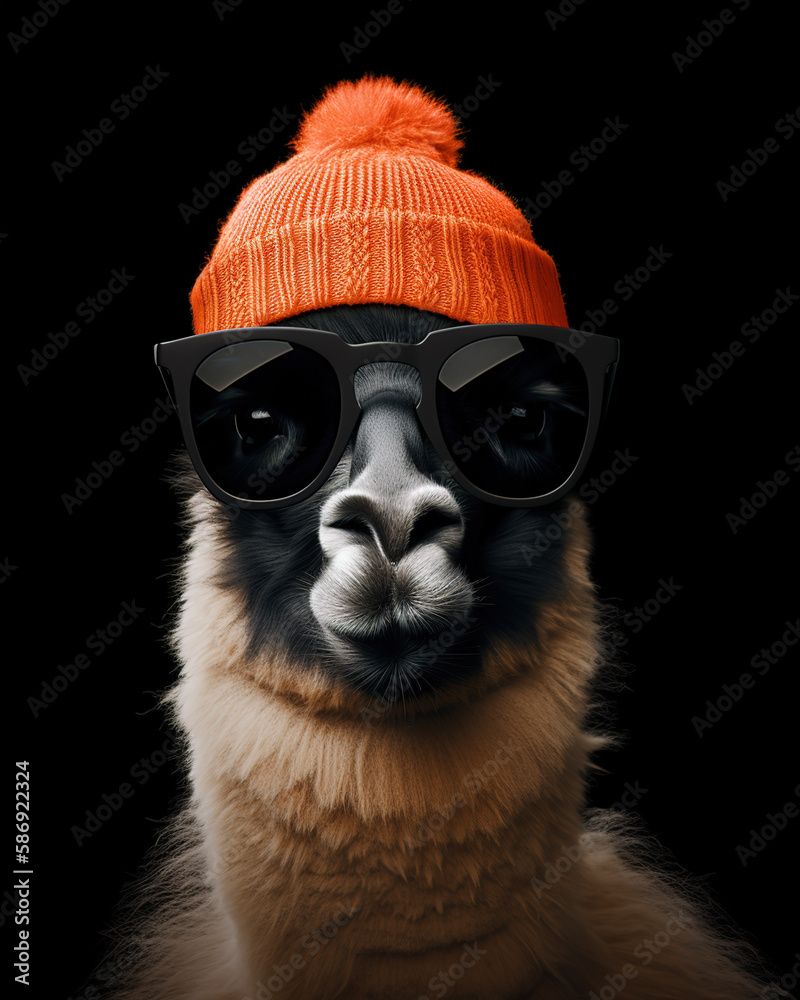 Fototapeta premium Llama wearing fancy clothes and sunglasses, photoshoot style. AI generated