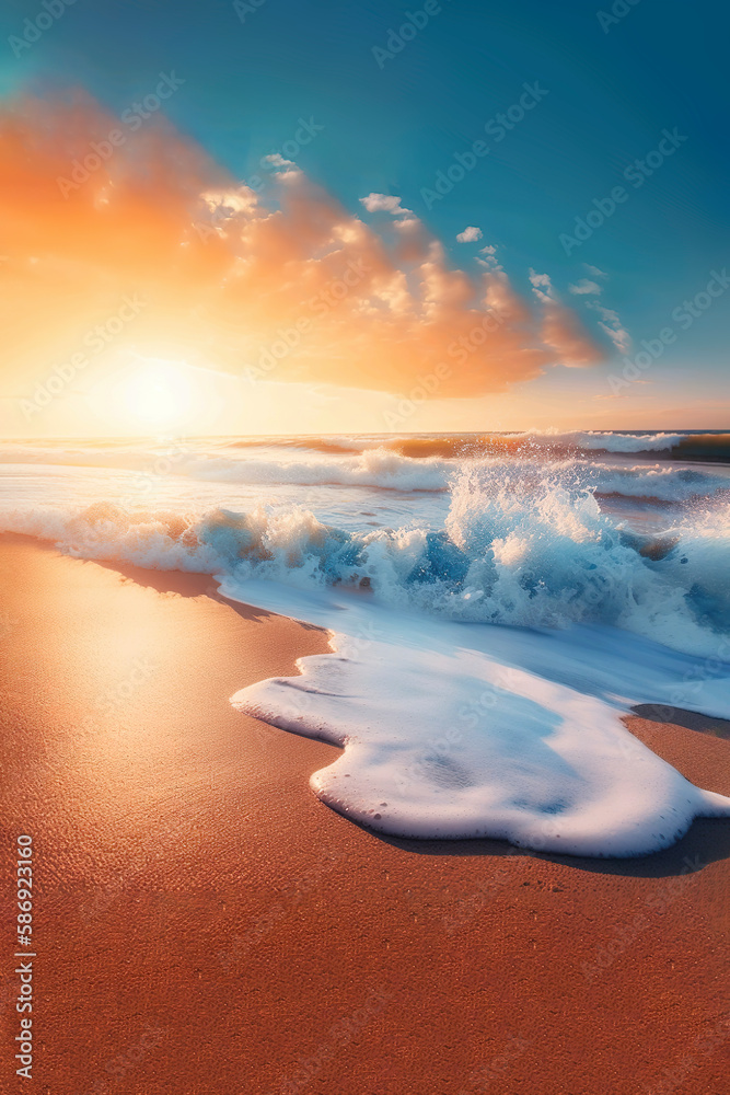 AI illustration of a summer sunrise over an empty beach