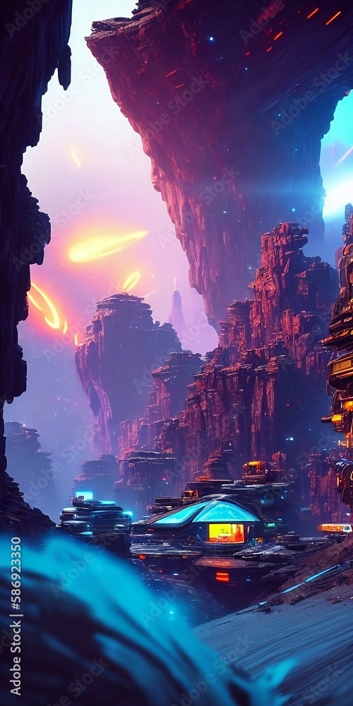 Fototapeta premium futuristic fantasy landscape, house in the rocks, another planet, Generative AI