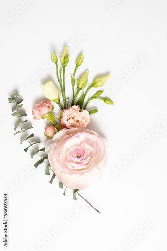 floral layout of pink roses on a white background. Top view. Spring or summer floral background with copy space.