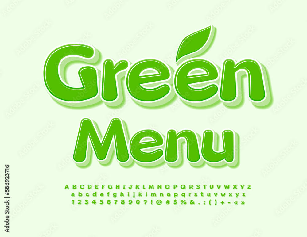 Vector modern Sign Green Menu. 3D Bright Font. Creative Alphabet Letters, Numbers and Symbols. Vector modern Sign Green Menu. 3D Bright Font. Creative Alphabet Letters, Numbers and Symbols.