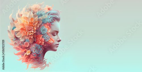 Woman brain with flowers, self esteem and mental health care concept, positive thinking, creative mind, generative AI  © Berit Kessler