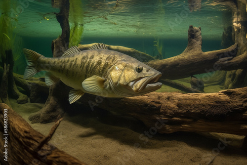 largemouth bass underwater near snags generated by ai