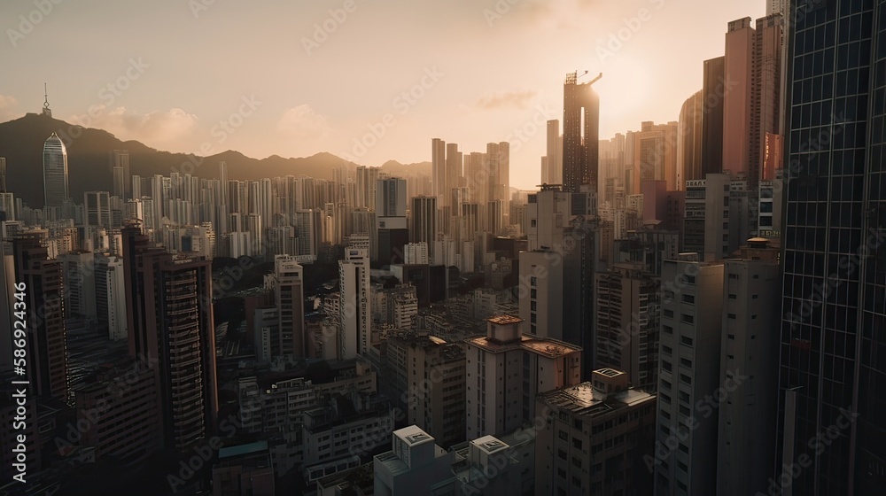 Obraz premium A beautiful and dramatic panoramic photograph of the city skyline, taken on a golden evening after sunset. Generative Ai.