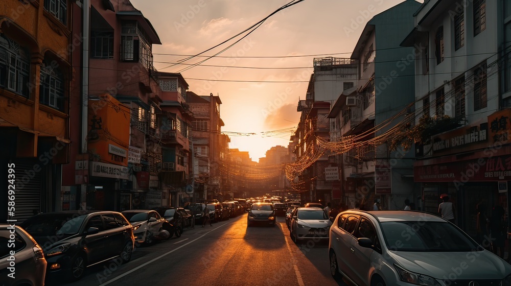 Obraz premium A beautiful and dramatic panoramic photograph of the city skyline, taken on a golden evening after sunset. Generative Ai.