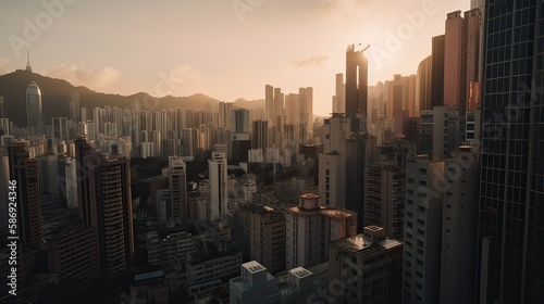 A beautiful and dramatic panoramic photograph of the city skyline, taken on a golden evening after sunset. Generative Ai. © Kowit