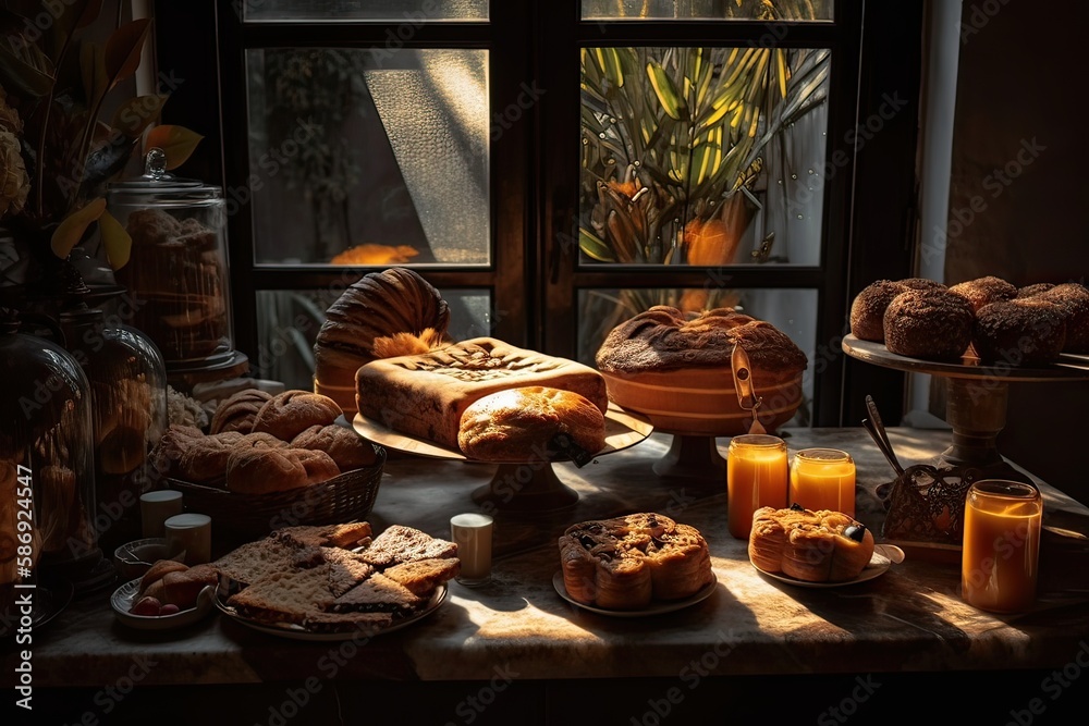 bakery interior with display counters full of scrumptious bread and pastries. Shop a patisserie or bakery with croissants, apple pies, waffles, and churros. Freshly baked pastries. Generative Ai