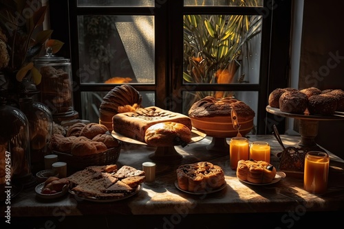 bakery interior with display counters full of scrumptious bread and pastries. Shop a patisserie or bakery with croissants  apple pies  waffles  and churros. Freshly baked pastries. Generative Ai