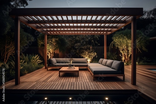Scene in the evening with couches and lounge chairs by the pool. generative AI