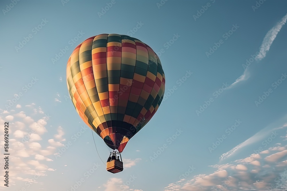 Fototapeta premium Colorful hot air balloon flying on sky at sunset. travel and air transportation concept. Generative Ai.