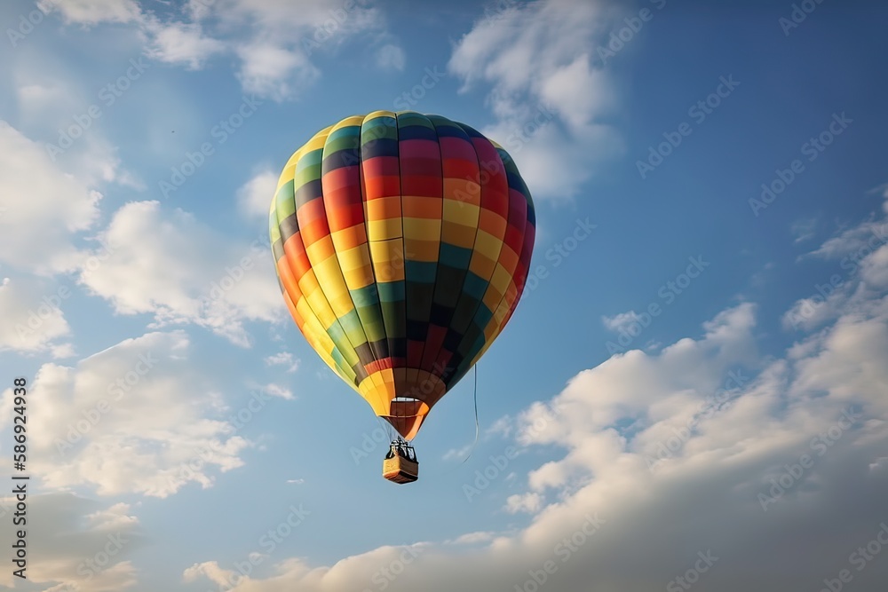 Colorful hot air balloon flying on sky at sunset. travel and air transportation concept. Generative Ai. Colorful hot air balloon flying on sky at sunset. travel and air transportation concept. Generative Ai.