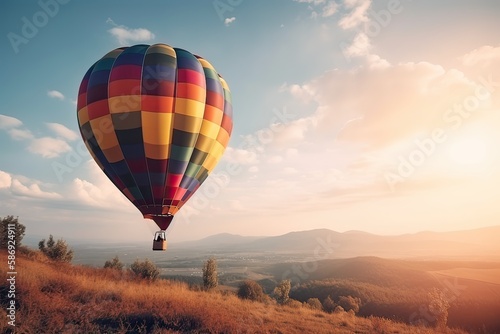 Colorful hot air balloon flying on sky at sunset. travel and air transportation concept. Generative Ai.