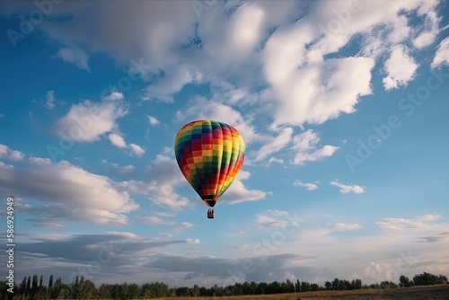 Colorful hot air balloon flying on sky at sunset. travel and air transportation concept. Generative Ai.