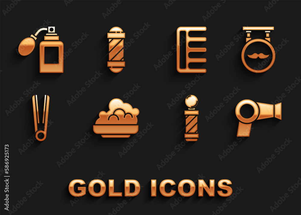 Set Shaving gel foam, Barbershop, Hair dryer, Classic pole, Curling iron for hair, Hairbrush, Aftershave bottle with atomizer and icon. Vector Set Shaving gel foam, Barbershop, Hair dryer, Classic pole, Curling iron for hair, Hairbrush, Aftershave bottle with atomizer and icon. Vector