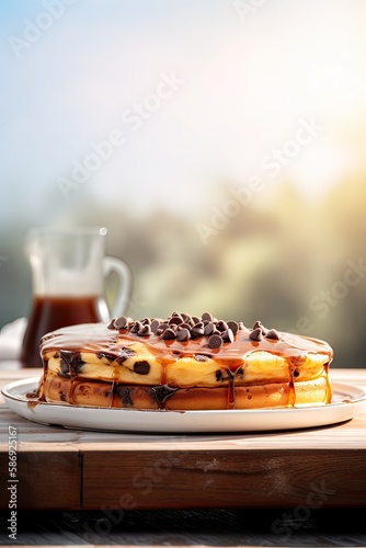 Syrup is poured down and chocolate chips are on top tall stack of golden pancakes layered on a plate with melted butter and syrup dripping down the sides of the stack. Generative Ai.