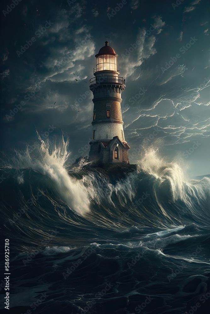 illustration of lighthouse on a rain and storm filled and giant waves crashing  lighthouse atnight with a beam of light shining out to sea. Generative Ai.