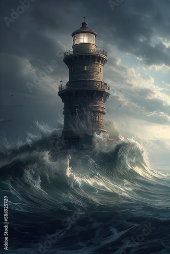 illustration of lighthouse on a rain and storm filled and giant waves crashing  lighthouse atnight with a beam of light shining out to sea. Generative Ai. photo